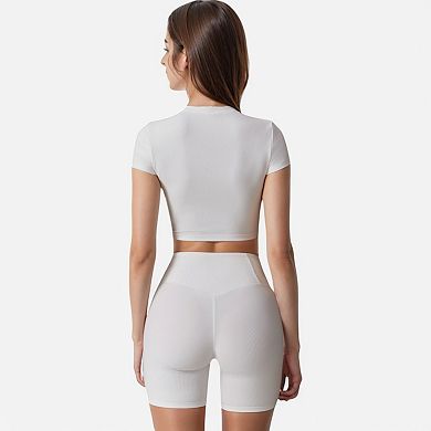 Women's Short Sleeve Ribbed Crop Top with Crew Neck and Stretch Fabric