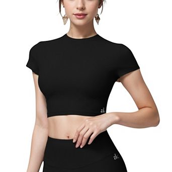 Women's Short Sleeve Ribbed Crop Top with Crew Neck and Stretch Fabric
