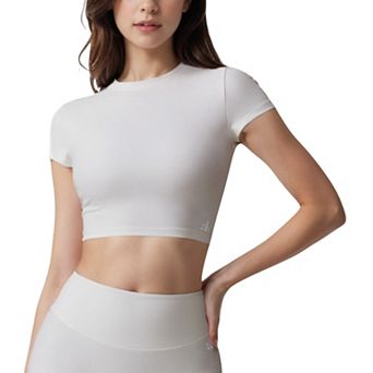 Women's Short Sleeve Ribbed Crop Top with Crew Neck and Stretch Fabric