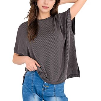 Women's Oversized Knit Pullover Top with Side Slits and Ribbed Texture