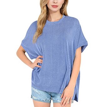 Women's Oversized Knit Pullover Top with Side Slits and Ribbed Texture