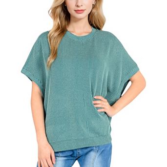 Women's Oversized Knit Pullover Top with Side Slits and Ribbed Texture
