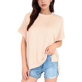 Women's Oversized Knit Pullover Top with Side Slits and Ribbed Texture