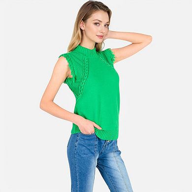 Women's Sleeveless Knit Sweater Top with Fringe Shoulder Detail