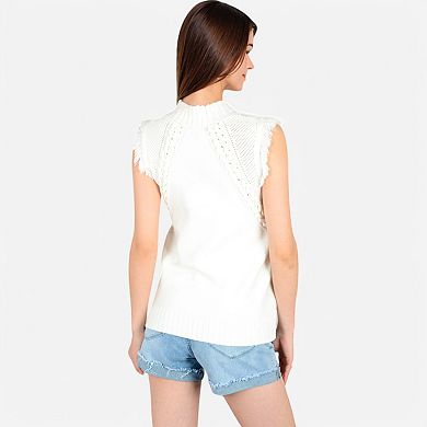 Women's Sleeveless Knit Sweater Top with Fringe Shoulder Detail