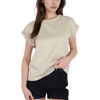 Women's Textured Short Sleeve Pullover Top with Rolled Cuffs and Subtle Geometric Pattern