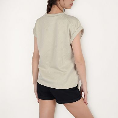 Women's Textured Short Sleeve Pullover Top with Rolled Cuffs and Subtle Geometric Pattern