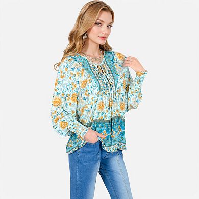 Women's Floral Boho Peasant Blouse with Long Sleeves and Tassel Tie