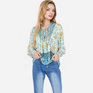 Women's Floral Boho Peasant Blouse with Long Sleeves and Tassel Tie