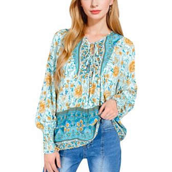 Women's Floral Boho Peasant Blouse with Long Sleeves and Tassel Tie