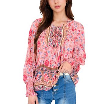 Women's Floral Boho Peasant Blouse with Long Sleeves and Tassel Tie