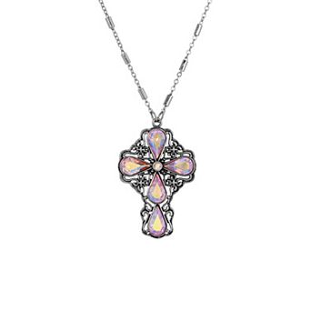 Symbols of Faith Silver Tone Teardrop Crystal Cross Pendant Necklace