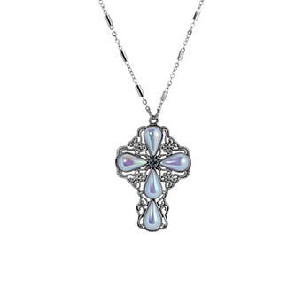 Symbols of Faith Silver Tone Teardrop Crystal Cross Pendant Necklace