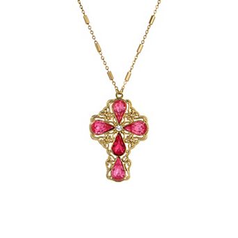 Symbols of Faith Gold Tone Teardrop Crystal Cross Pendant Necklace