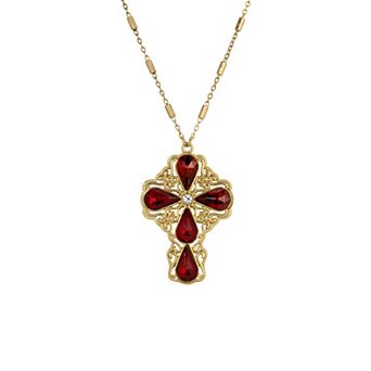 Symbols of Faith Gold Tone Teardrop Crystal Cross Pendant Necklace