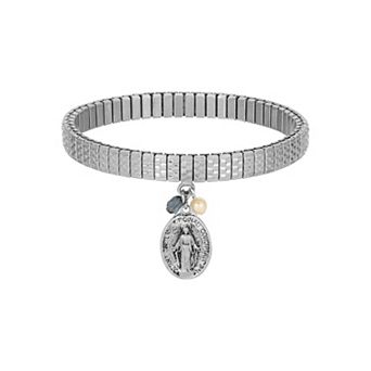 Symbols of Faith Silver Tone Miraculous Medal Charm Stretch Bracelet