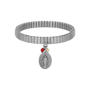 Symbols of Faith Silver Tone Miraculous Medal Charm Stretch Bracelet