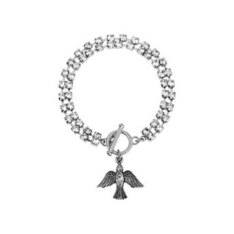 Symbols of Faith Silver Tone Crystal Dove Charm Bracelet