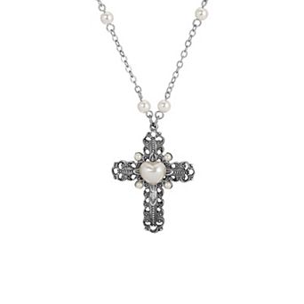Symbols of Faith Silver Tone Cross Heart Simulated Pearl Pendant Necklace