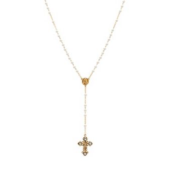 Symbols of Faith Gold Tone Simulated Pearl Beaded Chain Rosary