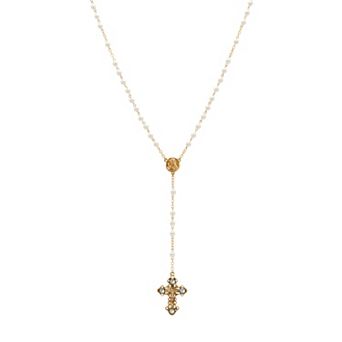 Symbols of Faith Gold Tone Simulated Pearl Beaded Chain Rosary