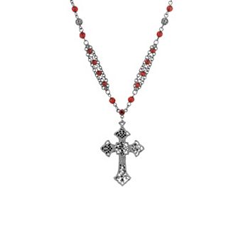 Symbols of Faith Cross & Red Beaded Pendant Necklace