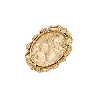 Symbols of Faith Gold Tone Virgin Mary & Child Oval Pin