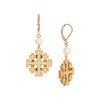 Symbols of Faith Gold Tone Simulated Pearl Bead Jerusalem Cross Earrings