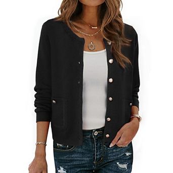 Open Front Sweater for Women's Collarless Button Down Business Casual Chunky Knit Cardigans