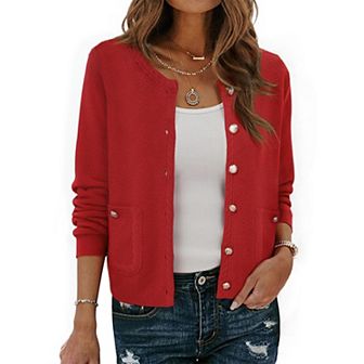 Open Front Sweater for Women's Collarless Button Down Business Casual Chunky Knit Cardigans