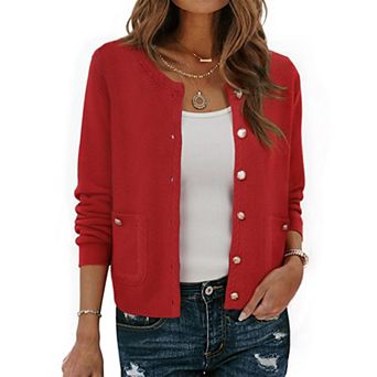 Open Front Sweater for Women's Collarless Button Down Business Casual Chunky Knit Cardigans