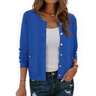 Open Front Sweater for Women's Collarless Button Down Business Casual Chunky Knit Cardigans
