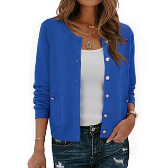 Open Front Sweater for Women's Collarless Button Down Business Casual Chunky Knit Cardigans