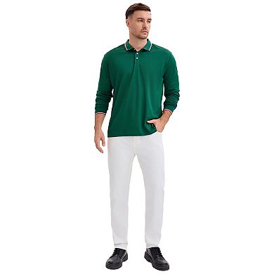 Men's Classic Regular Fit Solid Color Long Sleeves Business Golf Polo Shirt