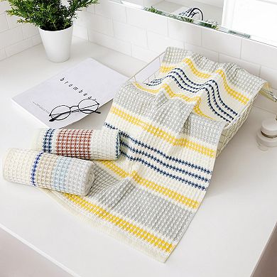 Waffle Striped Hand Towels, Soft Absorbent Cotton Hand Towel Set 13x29 Inch 4 Pack