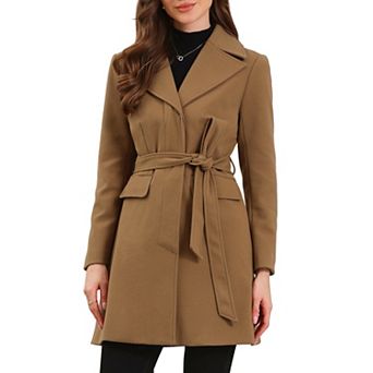 Lapel Collared Belted Coat for Women's Open Front Long Sleeve Overcoat