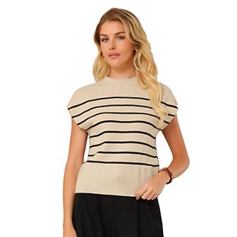 Women's Cap Sleeve Sweater Vest Mock Neck Striped Print Casual Ribbed Knit Pullover Tops