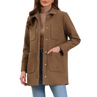 Work Short Coat for Women's Turn Down Collar Single Breasted Long Sleeve Winter Coat with Pockets