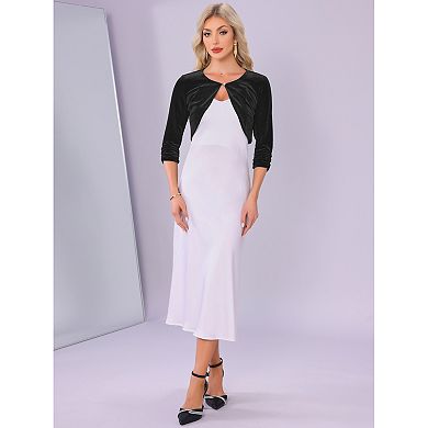 Crew Neck Shrug for Women Pleated 3/4 Sleeves Cocktail Party Cropped Velvet Cardigan
