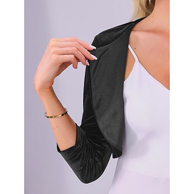 Crew Neck Shrug for Women Pleated 3/4 Sleeves Cocktail Party Cropped Velvet Cardigan