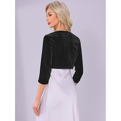 Crew Neck Shrug for Women Pleated 3/4 Sleeves Cocktail Party Cropped Velvet Cardigan
