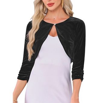 Crew Neck Shrug for Women Pleated 3/4 Sleeves Cocktail Party Cropped Velvet Cardigan