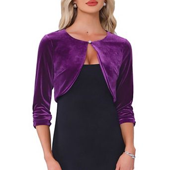 Crew Neck Shrug for Women Pleated 3/4 Sleeves Cocktail Party Cropped Velvet Cardigan