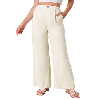 Women's Linen Pants Casual High Waist Straight Wide Leg Lounge Pants Button Palazzo Trousers