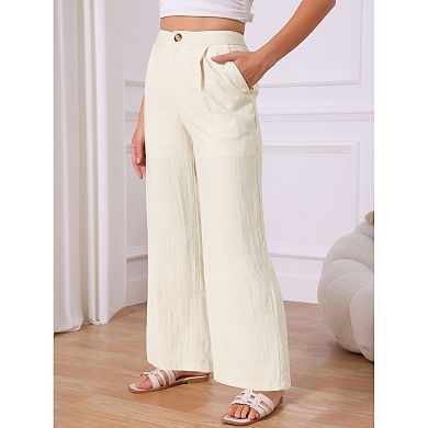 Women's Linen Pants Casual High Waist Straight Wide Leg Lounge Pants Button Palazzo Trousers