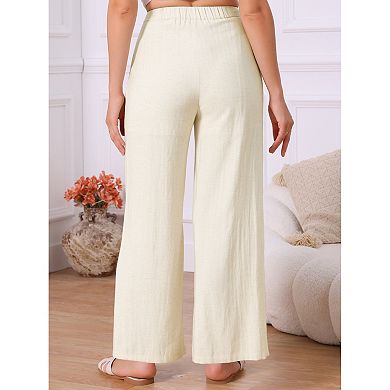 Women's Linen Pants Casual High Waist Straight Wide Leg Lounge Pants Button Palazzo Trousers