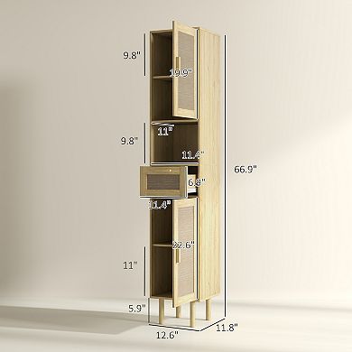 HOMCOM Tall Bathroom Storage Cabinet with Rattan Doors,