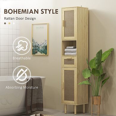 HOMCOM Tall Bathroom Storage Cabinet with Rattan Doors,