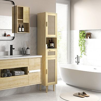 HOMCOM Tall Bathroom Storage Cabinet with Rattan Doors,