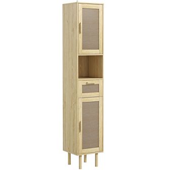 HOMCOM Tall Bathroom Storage Cabinet with Rattan Doors, Distressed